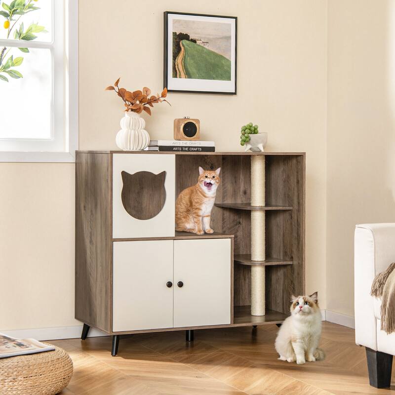 Cat Litter Box Enclosure with 3 Sisal Scratching Posts for Indoor Cats - Natural