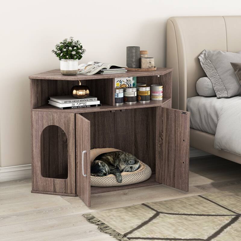 Grey Engineered Wood Cat Litter Box Cabinet with Storage and Corner Design