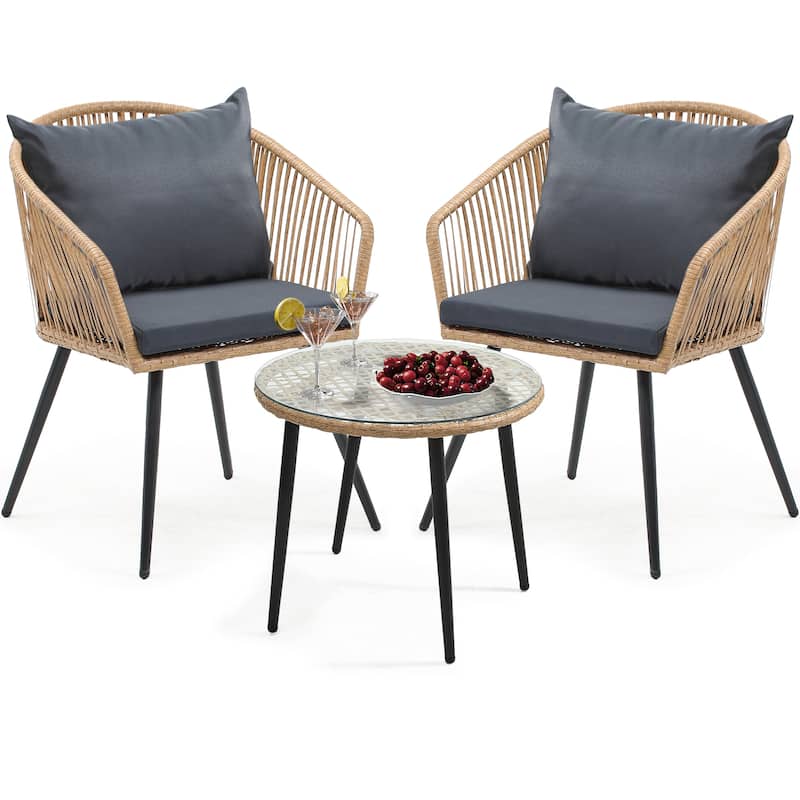 3-Piece Patio Furniture Wicker Bistro Set with Cushions - 20"L x 23.6"W x 32"H