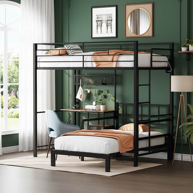 Twin Size Metal Bunk bed with Desk,Drawers,LED Strip,USB Charging Station, Guardrails and Ladder