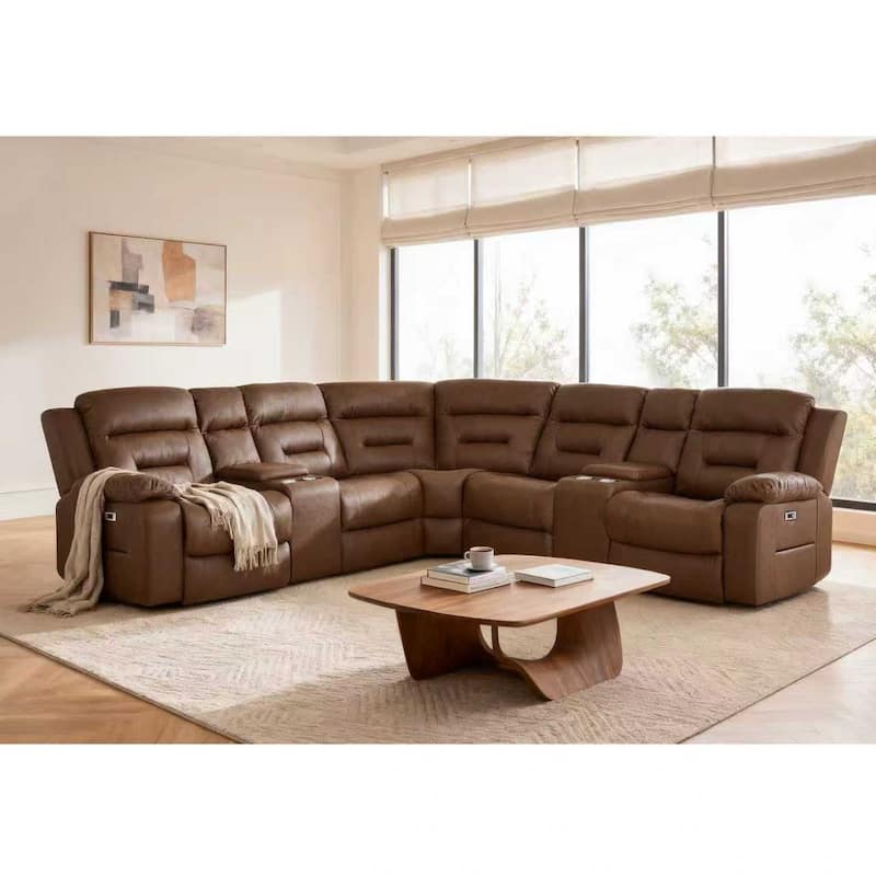 109" Power Reclining Sectional Couch, Modular Livingroom Recliner Sofa with 2 Storage Console & 4 Cup Holders - Light Brown