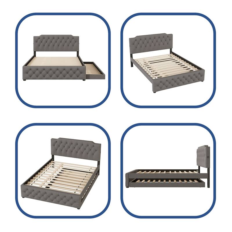 Queen Platform Bed with Twin Size Trundle and 2 USB Ports on each side