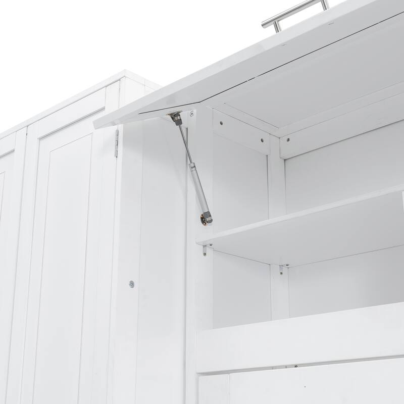 Queen Size Murphy Bed with Side Wardrobe & Flip Design, Foldable Wooden Wall Bed with Storage Drawers & Shelf for Home Office