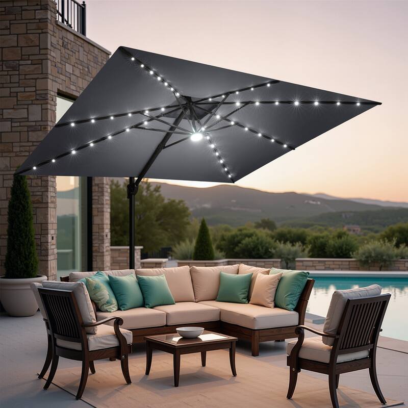 9 FT x 11 FT Outdoor Double Top LED Lighted Patio Cantilever Umbrella