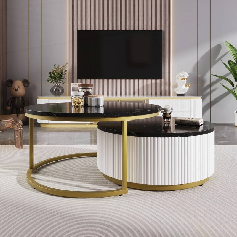 Modern Round Nesting Coffee Table Fluted with Drawer