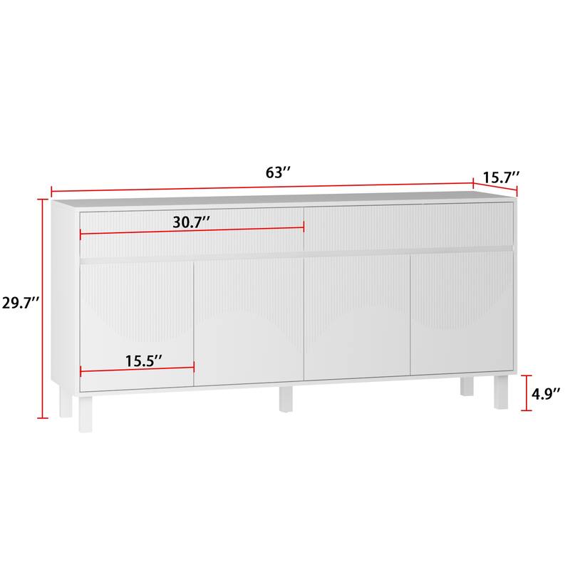 Buffet Storage Cabinet with Pine Leg and Adjustable Interior Sideboard - 63"