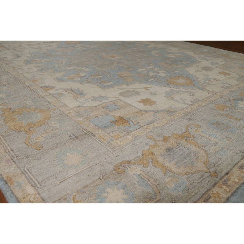 Hand Knotted Oriental 100% Wool Carpet Transitional Floral Navy Blue & Blues Oushak Area Rug - 9' 8'' X 8' 7''