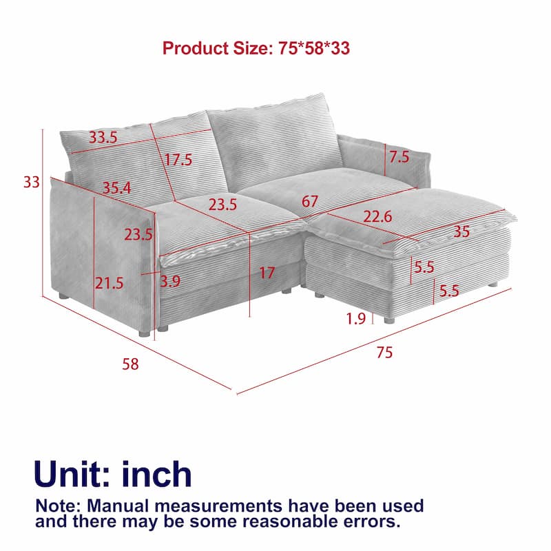 75" Corduroy Sectional Sofa with Ottoman, 2-Seater