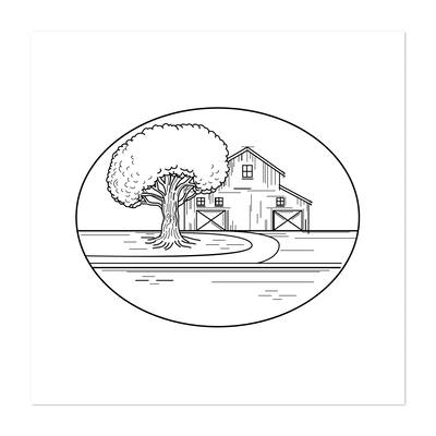American Farm House or Barn Oak Tree Monoline Oval Art Print/Poster