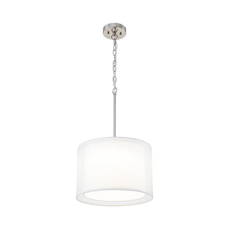 Modern 1-Light Double Fabric LED Pendant Light, 18W Warm 3000K, Satin Nickel/White for Dining Room - 1 Light