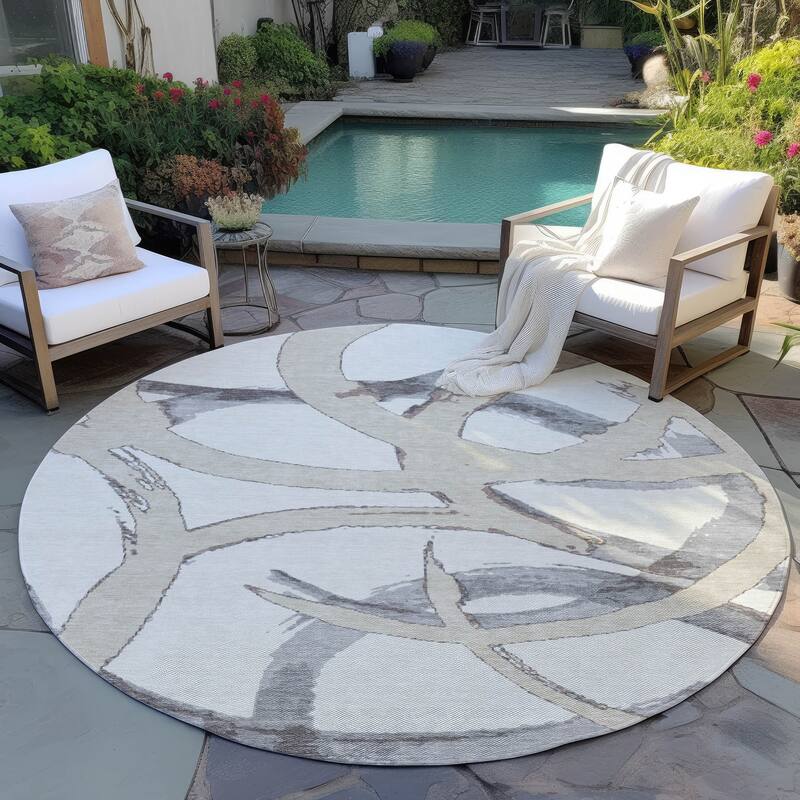 Machine Washable Indoor/ Outdoor Abstract Contemporary Chantille Rug - Ivory - 8' x 8'