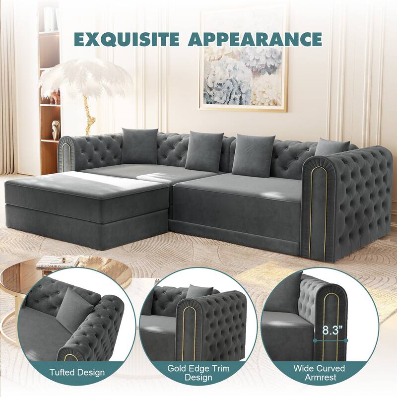90.6" Velvet Pull Out Sofa Bed, 3-in-1 Convertible Sleeper Sofa with Movable Ottoman, Modern Button Tufted Chesterfield Sofa
