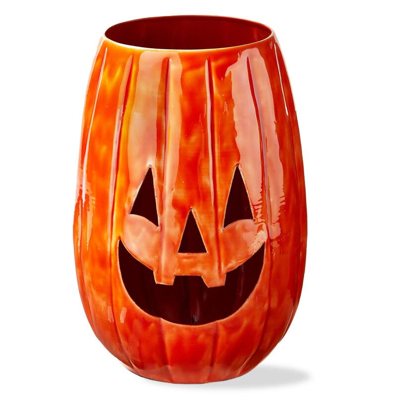 Jack-O-Lantern Enamel Luminary Tall Candle Holder for Halloween Orange Terracotta 8.5 in x 8.5 in x 12.25 in