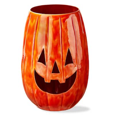 Jack-O-Lantern Enamel Luminary Tall Candle Holder for Halloween Orange Terracotta 8.5 in x 8.5 in x 12.25 in