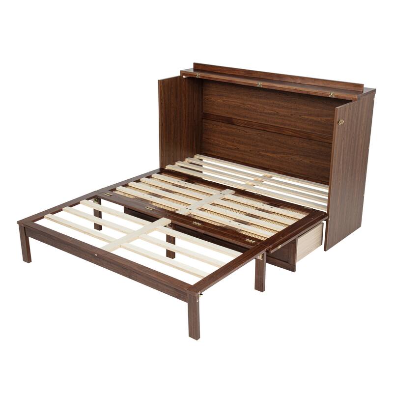 Queen Size Pine Wood Murphy Bed Cabinet with Power Station, Rattan Decoration Panel, and Large Storage Drawer