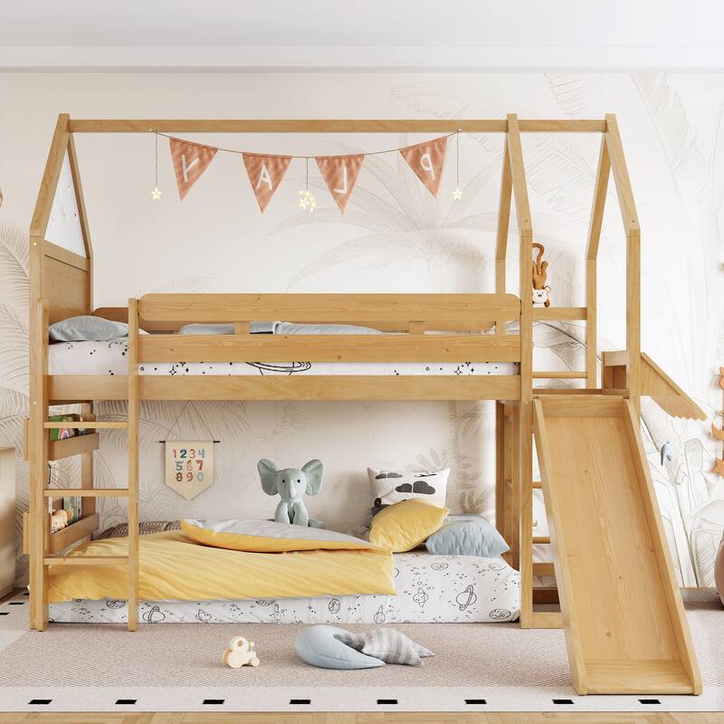 Roomfitters House Loft Bed with Slide and Bookshelf, Star Moon Roof Design - Natural - Twin