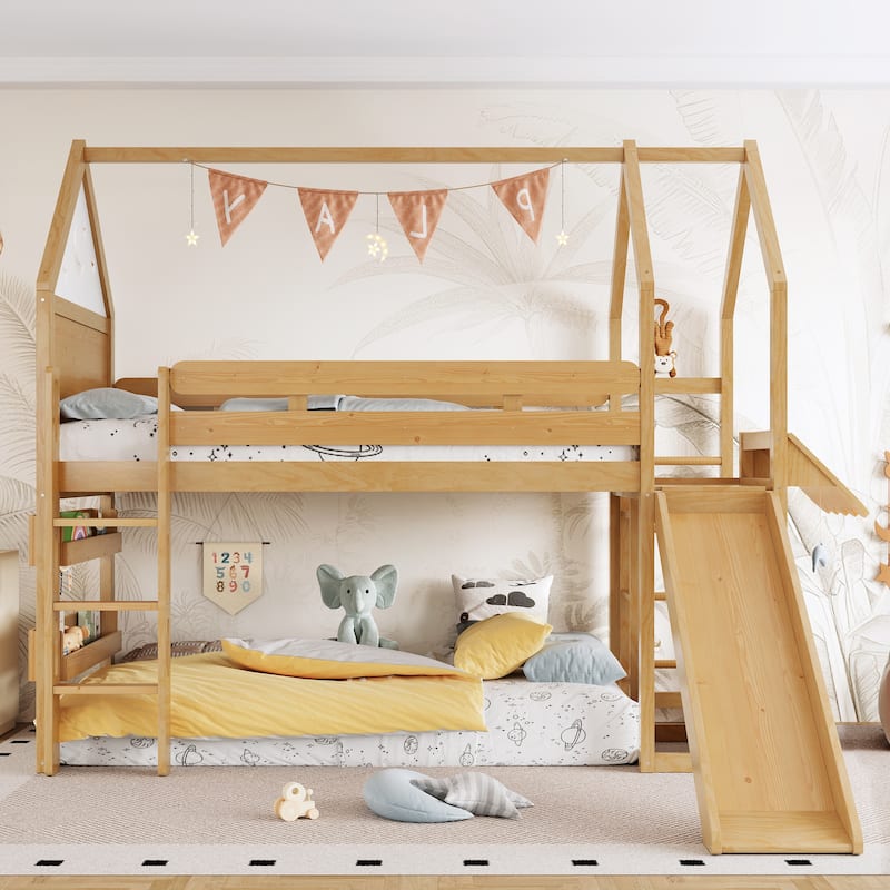 Twin Loft Bed with Slide, Bookshelf & House-Shaped Design for Kids - Natural - Twin