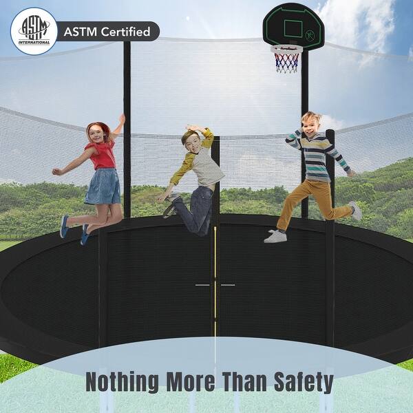 dimension image slide 0 of 2, 14ft Trampoline with Enclosure Basketball Hoop and Ladder Easy Assembly for Kids