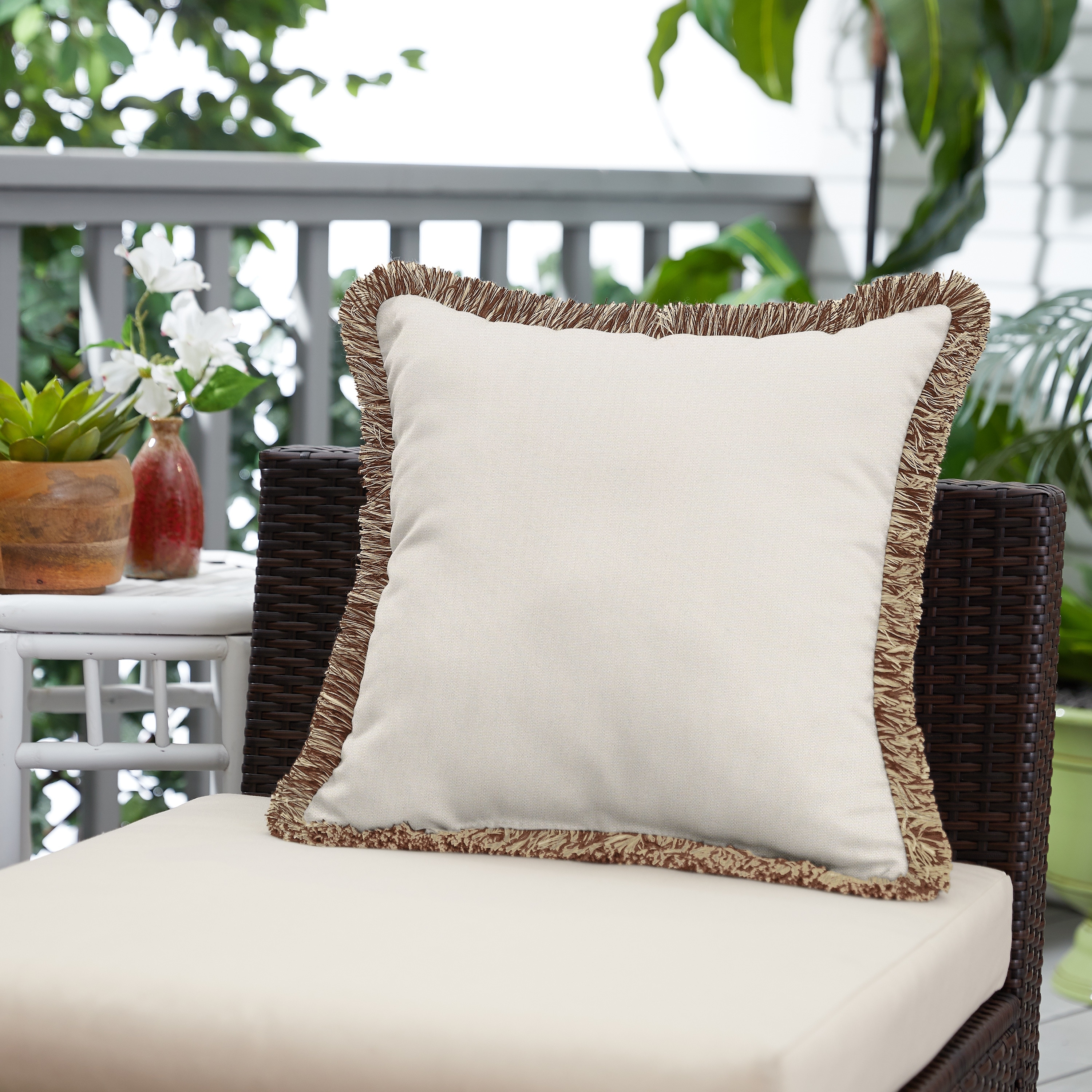 Sunbrella Canvas Natural and Brown Fringe Indoor/ Outdoor Pillow - Canvas Natural / Brown - 18 in L x 18 in W