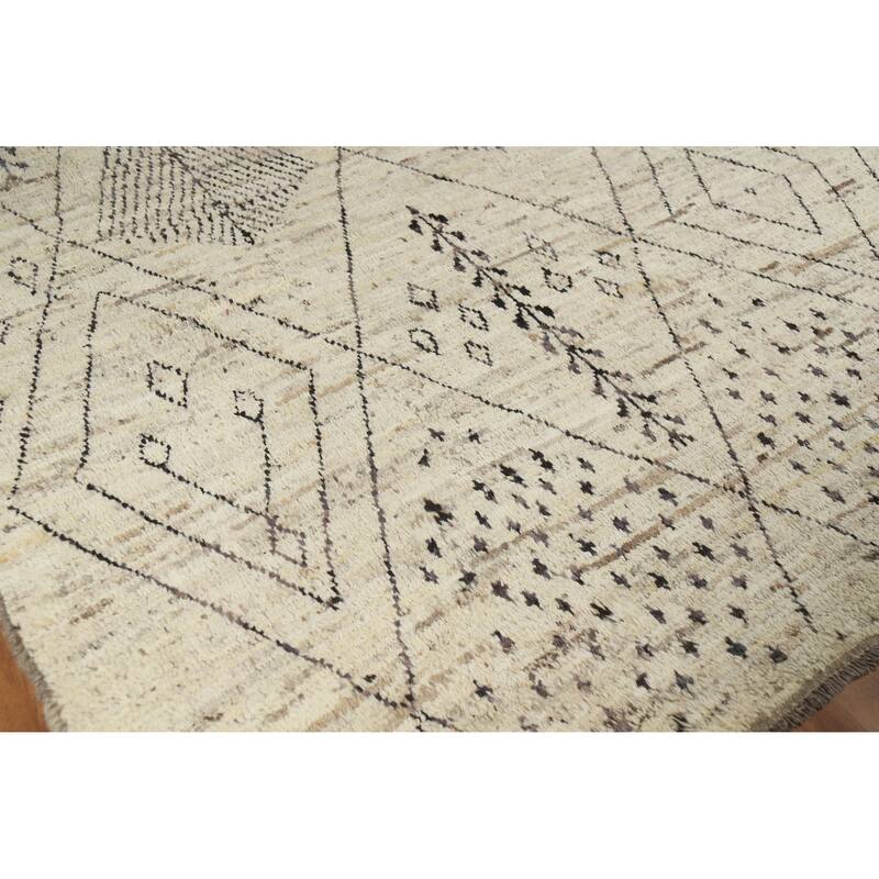 Geometric Moroccan Oriental Rug Handmade Geometric Beige Wool Carpet - 6'9" x 9'7"