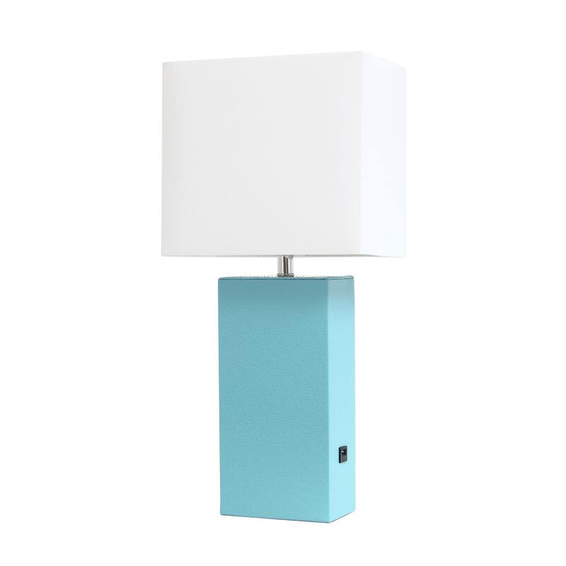 Modern Leather Table Lamp with USB and White Fabric Shade