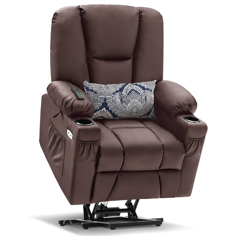 MCombo Electric Power Lift Recliner Chair with Extended Footrest, Cup Holders, Faux Leather 7507 - Light Brown