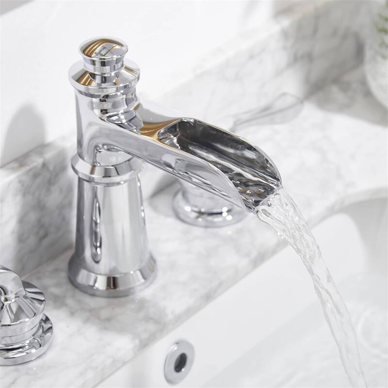 Widespread Waterfall Bathroom Faucet With Drain Assembly 3 Hole Bathroom Sink Faucets Double Handle 8 Inch Basin Vanity Taps