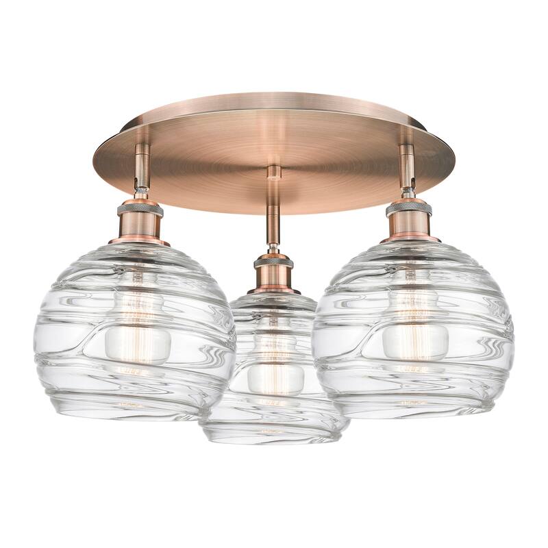 Innovations Lighting Athens Deco Swirl - 3 Light 20" Flush Mount - Antique Copper/Clear Deco Swirl