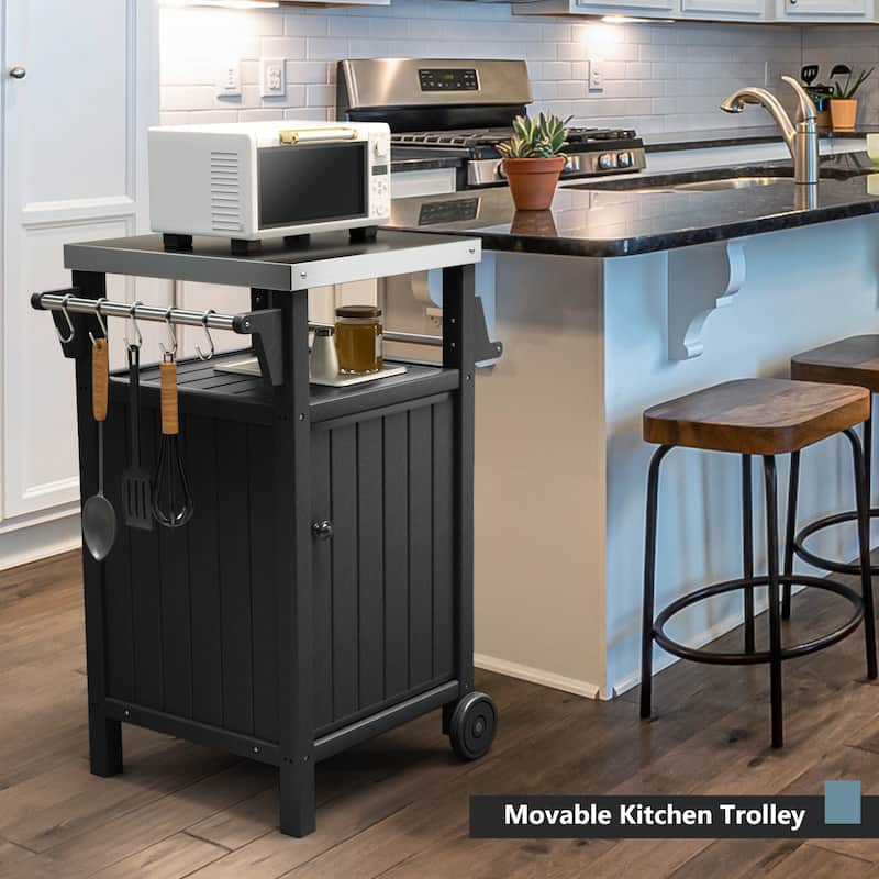 Barbecue/Grill Side Table Trolley, Outdoor Prep Dining Table Serving Cart with 304 Stainless Steel Top-HDPE