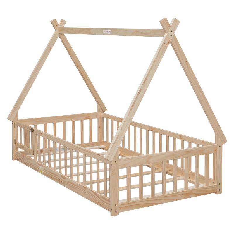 Twin Tent-shaped Floor Bed, Pine Fun Playhouse Bed Frames, With Guardrails, Slats, Door, House Bed Frame With Roof - Natural