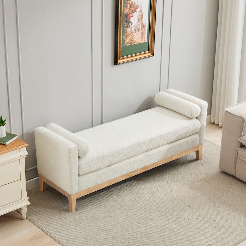 66.34" W Upholstered Bench with Pillows End of Bed Ottoman with Wood Legs