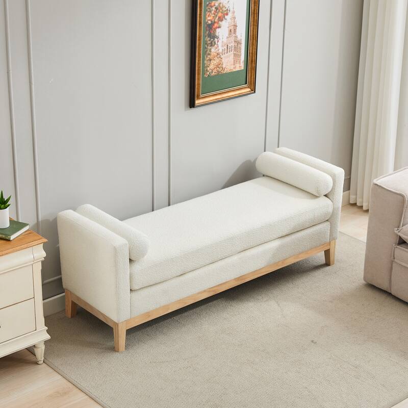 66.34"W Elegant Upholstered Bench,Ottoman with Nature Wood Legs & 2 Bolster Pillows for End of Bed, Bedroom, Living Room