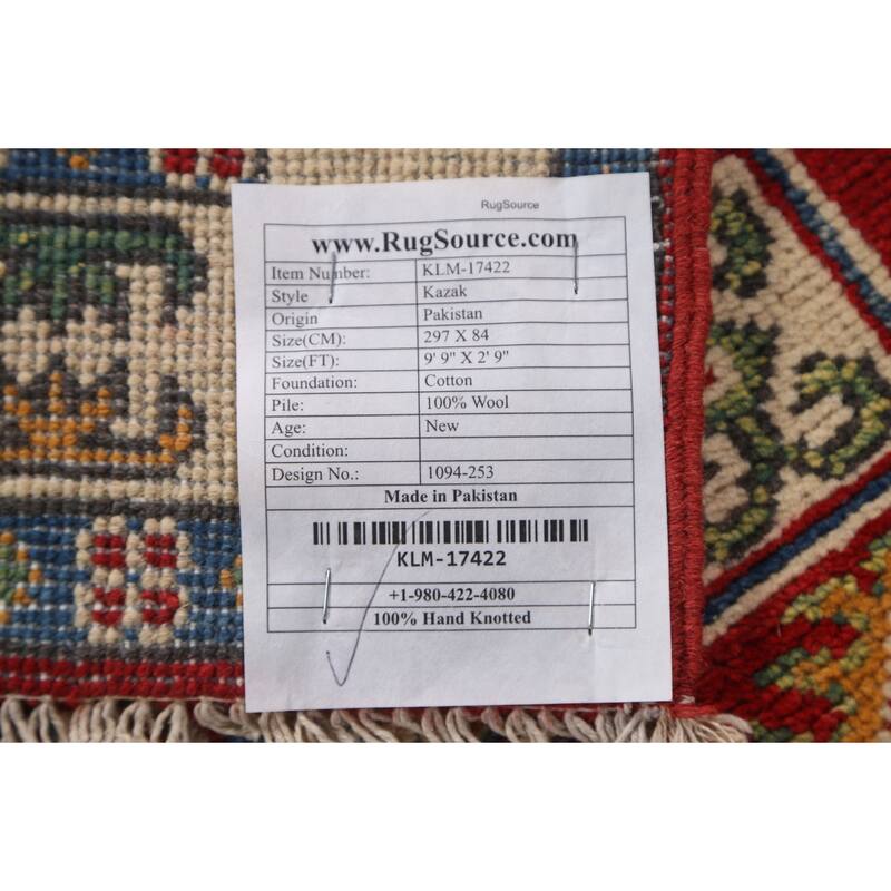 Red Traditional Geometric Kazak Oriental Wool Runner Rug Hand-knotted - 2'9" x 9'9"