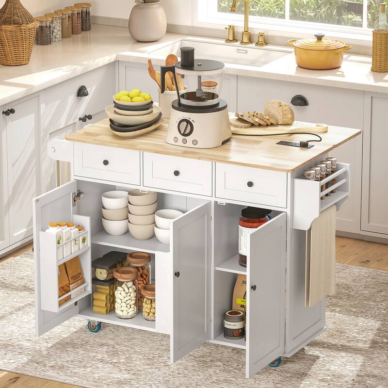 Kitchen Island Cart with Drop Leaf and Built-In Power Outlets Storage Drawers and Rolling Wheels - 53.1" W x 29.5" D x 37.2" H