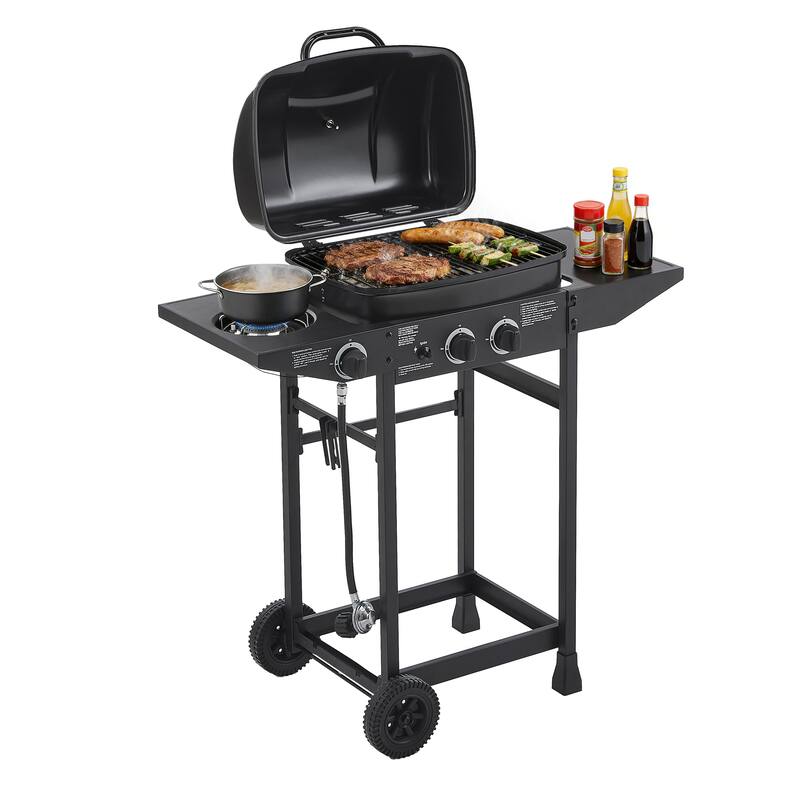 Anmytek 2-Burner Stainless Steel Propane Gas Grill with Side Burner 24000 BTU Enameled Grates Side Tables