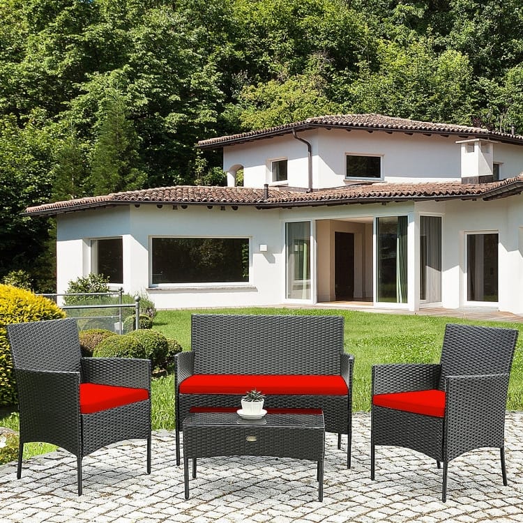 4 Pieces Patio Rattan Cushioned Sofa Set with Tempered Glass Coffee Table - 24" x 23.5" x 33" (L x W x H)