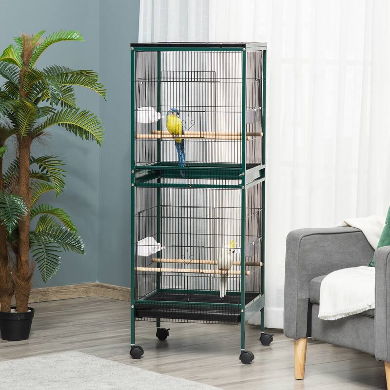Large Bird Cage with Wheels, Pull-Out Tray, and Perches - 20.5" W x 19.75" D x 55" H - Green