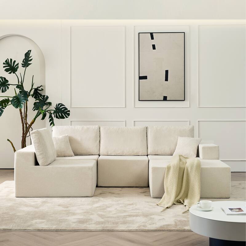 Modular L Shaped Sectional Sofa with Ottoman, Corduroy Boneless Cloud Sofa, 4 Seater Compressed Sofa with 2 Pillows