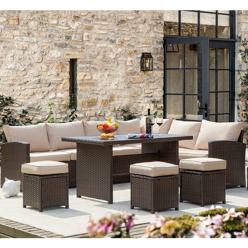 AECOJOY 7 Pieces Patio Furniture Set Outdoor Sectional Sofa Rattan Conversation Set - Beige