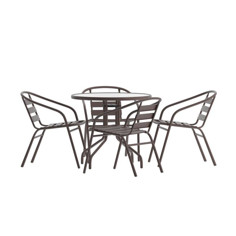 31.5" Round Glass Metal Table with 4 Metal Aluminum Slat Stack Chairs