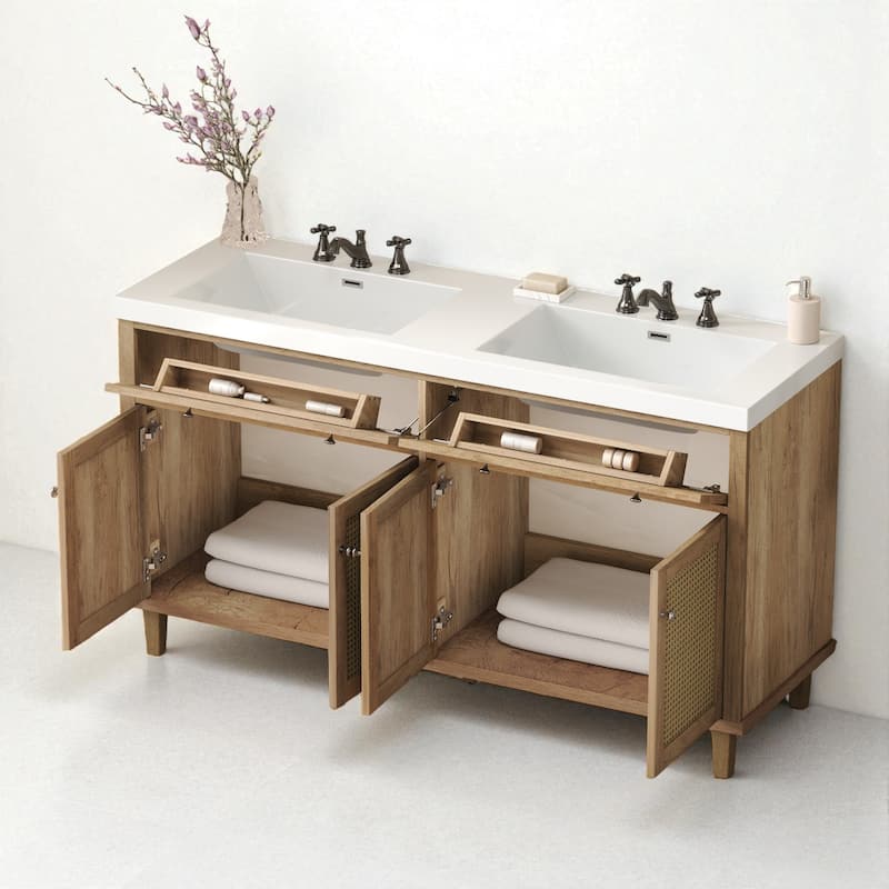 60" Double Sink Bathroom Vanity with SMC Integrated Top, Soft Close Doors, Tip-Out Trays and Rattan Front Cabinets