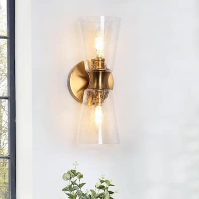 Mid-century Modern Glam 2-Light Gold Cone Seeded Glass Bathroom Vanity Lights Cylinder Wall Sconce