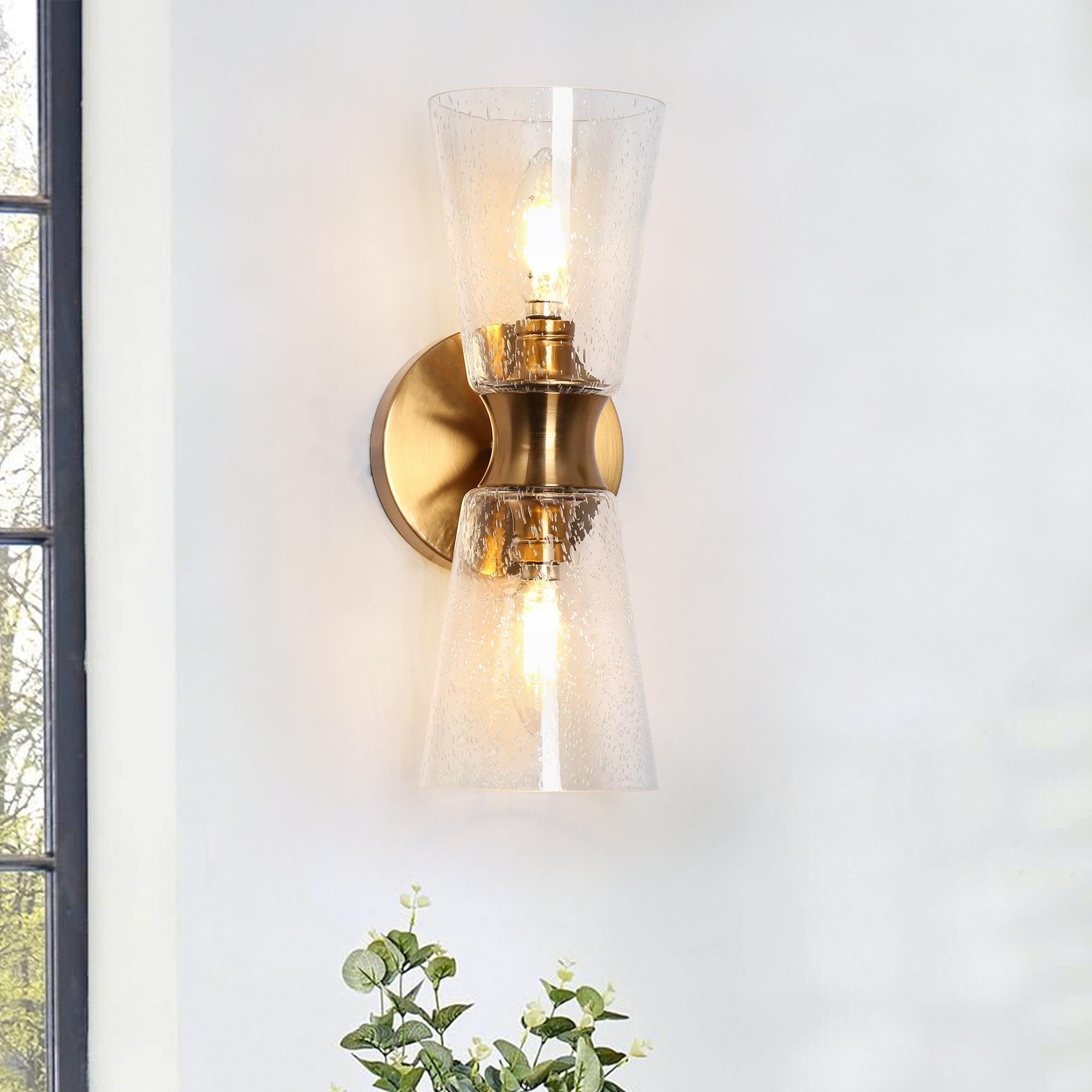 Mid-century Modern Glam 2-Light Gold Cone Seeded Glass Bathroom Vanity Lights Cylinder Wall Sconce