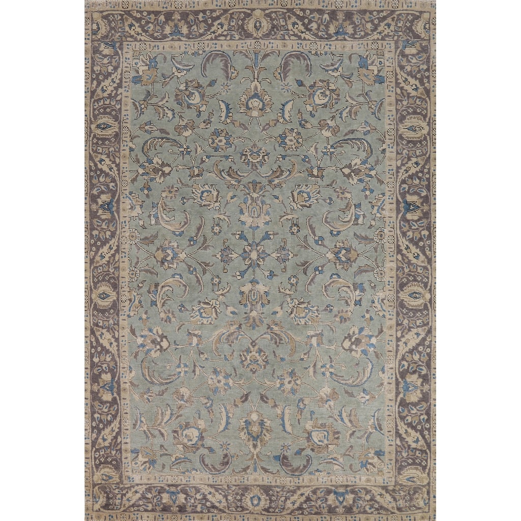 Floral Blue Tabriz Persian Rug Hand-Knotted Distressed Wool Carpet - 6'5"x 9'7"