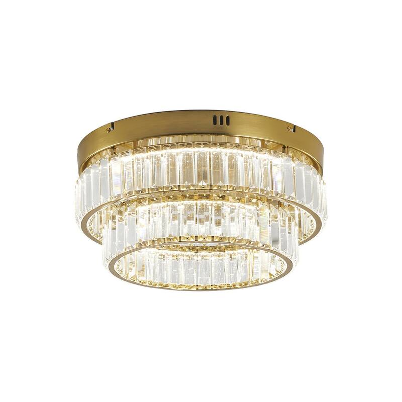 2-Light Brass Dimmable LED Flush Mount With Clear Crystals