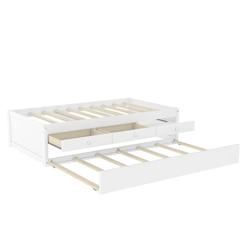 Full/Twin Platform Bed with Trundle, 2 Drawers & Built-in Power Outlets