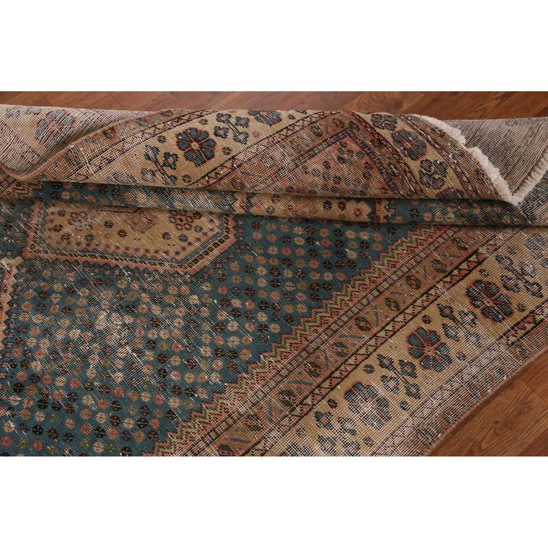 Hand Knotted Oriental 100% Wool Carpet Traditional Geometric Navy Blue & Blues Qashqai Area Rug - 6' 9'' X 4' 5''
