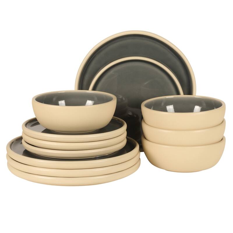 Gibson Elite - Made in Portugal - Port Gaia 12 Piece (Service for 4) Reactive Glaze Dishes Stoneware Ceramic Dinnerware Set - Navy