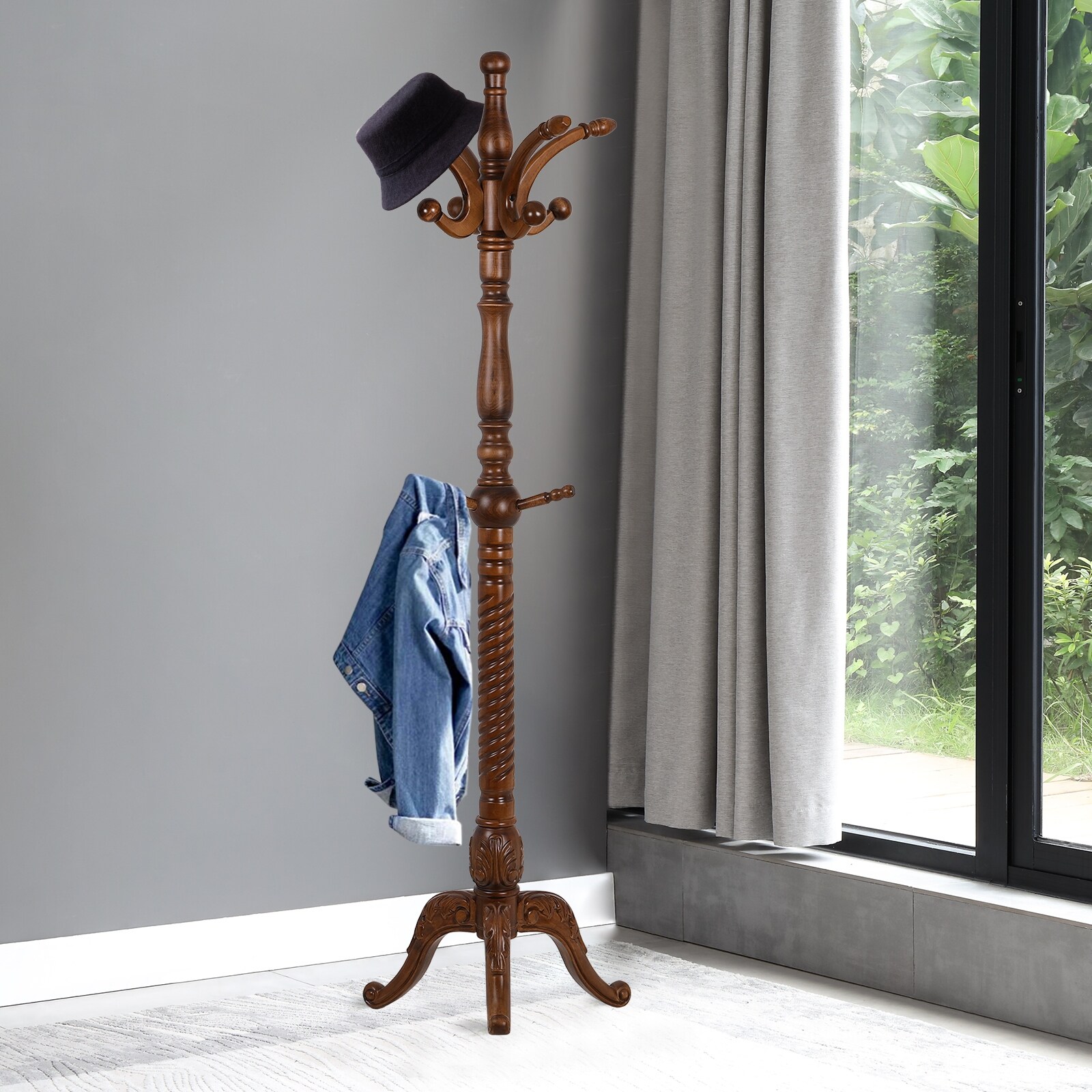 Creative Solid Ash Wood Freestanding Coat Rack with 8 Hooks - Bed