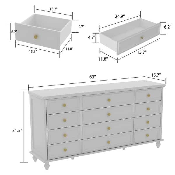 dimension image slide 1 of 5, Timechee 63'' W Dresser White Chest Srorage Cabinet Lacquer Drawers